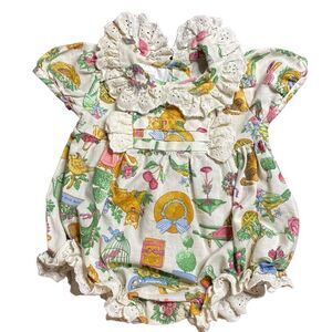 ALLISON ANN Vintage Baby Jumper One Piece Eyelet Cat Garden Print